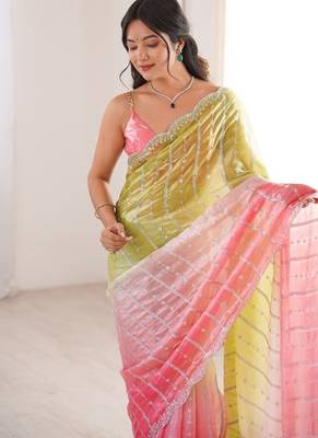 Coral colour fendy satin embroidered saree with unstitched blouse 2