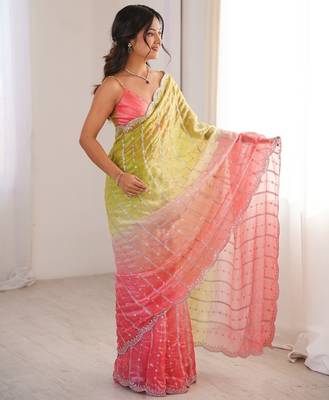 Coral colour fendy satin embroidered saree with unstitched blouse 3