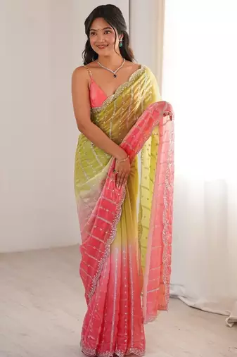 Coral colour fendy satin embroidered saree with unstitched blouse