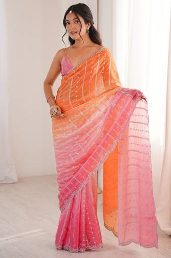 Pink colour fendy satin embroidered saree with unstitched blouse