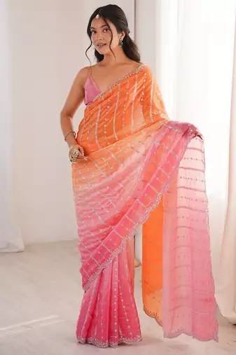 Pink colour fendy satin embroidered saree with unstitched blouse