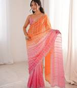 Pink colour fendy satin embroidered saree with unstitched blouse