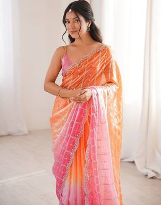 Pink colour fendy satin embroidered saree with unstitched blouse 2