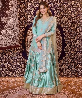 Aqua Blue Colour Ready to Wear Japan Satin Lehenga Set with Sequins Work Dupatta 1
