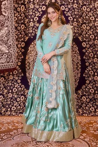Aqua Blue Colour Ready to Wear Japan Satin Lehenga Set with Sequins Work Dupatta