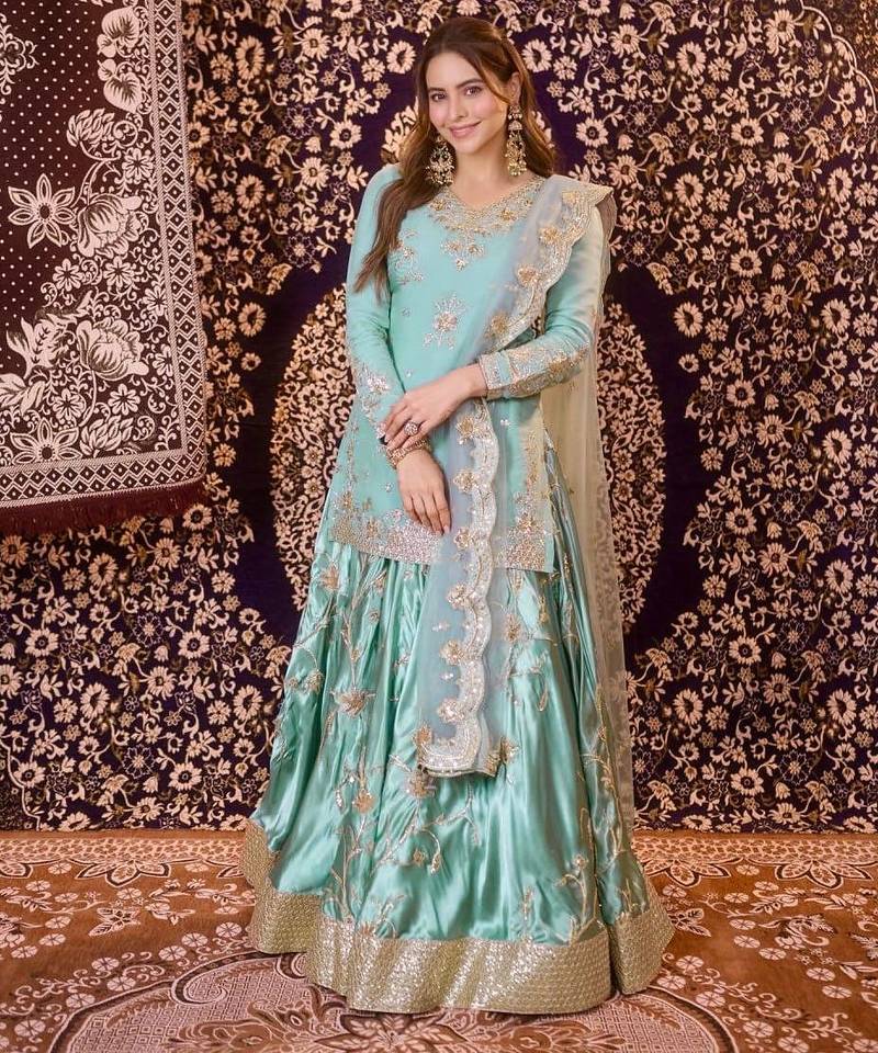 Aqua Blue Colour Ready to Wear Japan Satin Lehenga Set with Sequins Work Dupatta