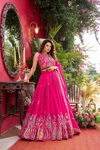Rani Pink Colour Pure Vichitra Embroidered Lehenga Choli Set with Dupatta & Attached Sleeves