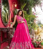 Rani Pink Colour Pure Vichitra Embroidered Lehenga Choli Set with Dupatta & Attached Sleeves