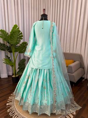 Aqua Blue Colour Ready to Wear Japan Satin Lehenga Set with Sequins Work Dupatta 3
