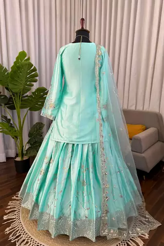 Aqua Blue Colour Ready to Wear Japan Satin Lehenga Set with Sequins Work Dupatta
