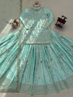 Aqua Blue Colour Ready to Wear Japan Satin Lehenga Set with Sequins Work Dupatta 4