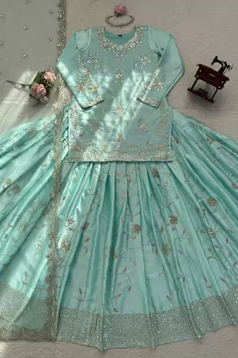 Aqua Blue Colour Ready to Wear Japan Satin Lehenga Set with Sequins Work Dupatta