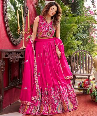 Rani Pink Colour Pure Vichitra Embroidered Lehenga Choli Set with Dupatta & Attached Sleeves 2