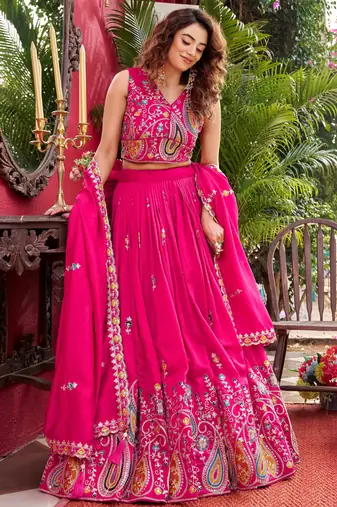 Rani Pink Colour Pure Vichitra Embroidered Lehenga Choli Set with Dupatta & Attached Sleeves