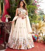 Off white Colour Pure Vichitra Embroidered Lehenga Choli Set with Dupatta & Attached Sleeves
