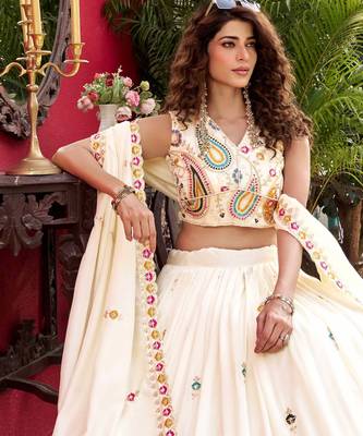 Off white Colour Pure Vichitra Embroidered Lehenga Choli Set with Dupatta & Attached Sleeves 2
