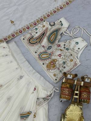 Off white Colour Pure Vichitra Embroidered Lehenga Choli Set with Dupatta & Attached Sleeves 3