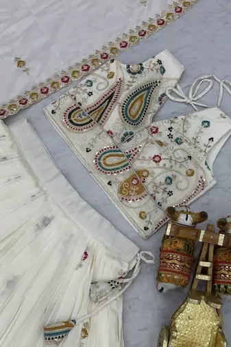Off white Colour Pure Vichitra Embroidered Lehenga Choli Set with Dupatta & Attached Sleeves