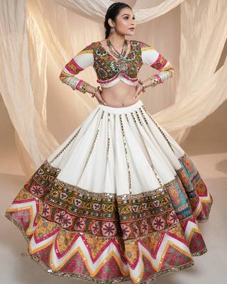 White Colour Soft Butter Silk Stitched Lehenga Choli with Real Mirror Work & Dupatta 1