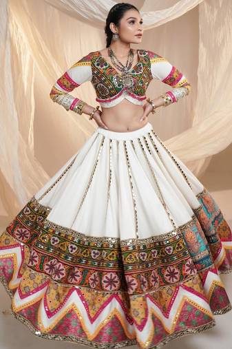 White Colour Soft Butter Silk Stitched Lehenga Choli with Real Mirror Work & Dupatta
