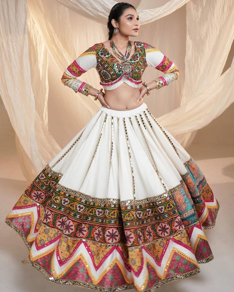 White Colour Soft Butter Silk Stitched Lehenga Choli with Real Mirror Work & Dupatta