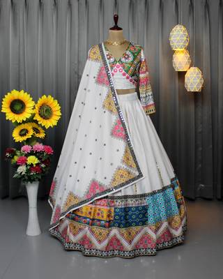 White Colour Soft Butter Silk Stitched Lehenga Choli with Real Mirror Work & Dupatta 2