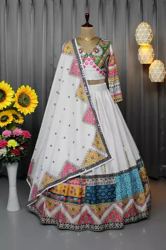 White Colour Soft Butter Silk Stitched Lehenga Choli with Real Mirror Work & Dupatta