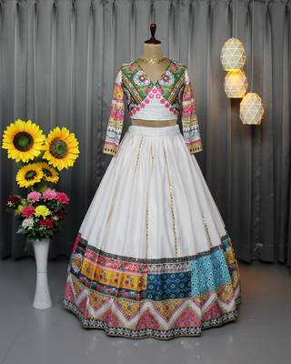 White Colour Soft Butter Silk Stitched Lehenga Choli with Real Mirror Work & Dupatta 3