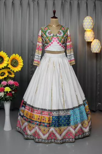 White Colour Soft Butter Silk Stitched Lehenga Choli with Real Mirror Work & Dupatta