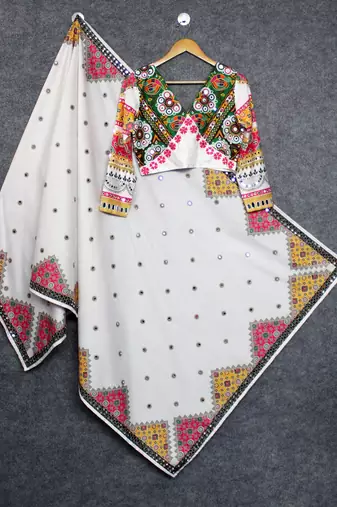 White Colour Soft Butter Silk Stitched Lehenga Choli with Real Mirror Work & Dupatta