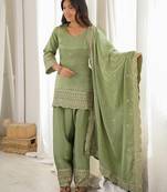 Pista green color roman silk dori zari sequence embroidered work Suit set