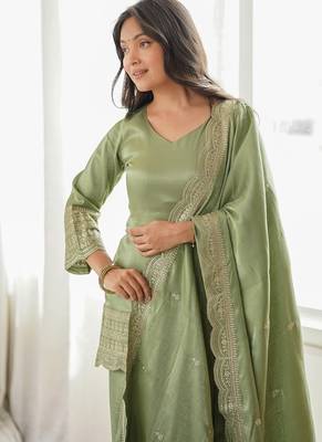 Pista green roman silk dori zari sequence embroidered work Suit set 2