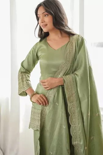 Pista green roman silk dori zari sequence embroidered work Suit set
