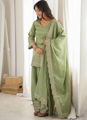 Pista green roman silk dori zari sequence embroidered work Suit set 3