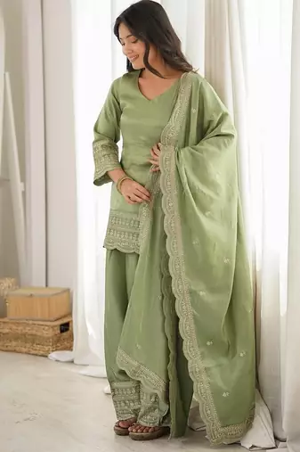 Pista green roman silk dori zari sequence embroidered work Suit set