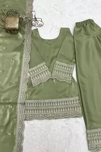 Pista green roman silk dori zari sequence embroidered work Suit set