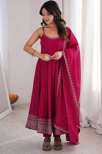 Dark rani roman silk chanderi yoke lace work design Suit set