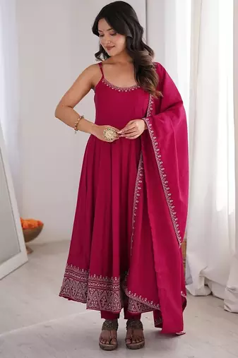 Dark rani color roman silk chanderi yoke lace work design Suit set