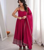 Dark rani color roman silk chanderi yoke lace work design Suit set