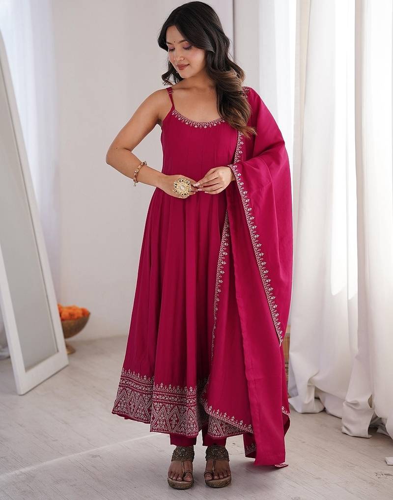 Dark rani color roman silk chanderi yoke lace work design Suit set