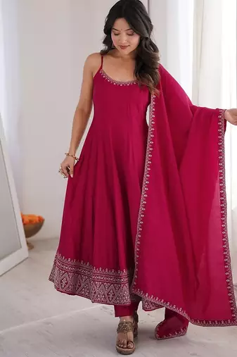 Dark rani color roman silk chanderi yoke lace work design Suit set