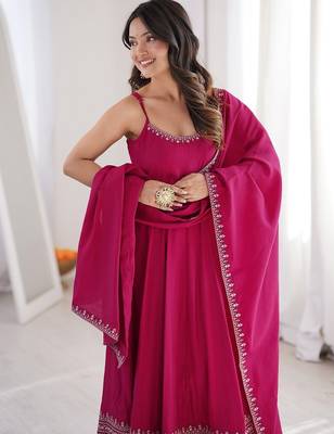 Dark rani roman silk chanderi yoke lace work design Suit set 3