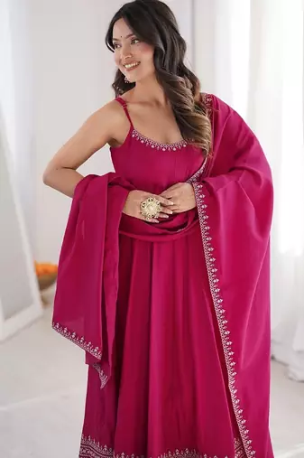 Dark rani color roman silk chanderi yoke lace work design Suit set