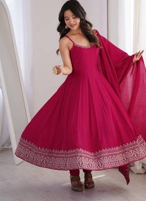 Dark rani roman silk chanderi yoke lace work design Suit set 4