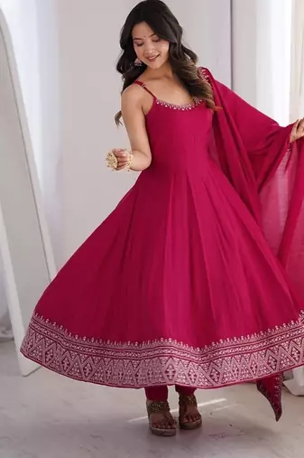Dark rani color roman silk chanderi yoke lace work design Suit set