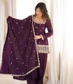 Purple color roman silk dori zari embroidered Suit Set