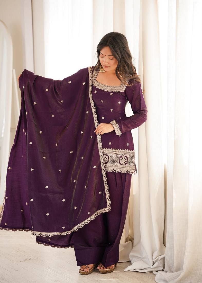 Purple color roman silk dori zari embroidered Suit Set