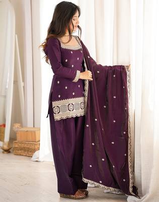 Purple roman silk dori zari embroidered Suit Set 2