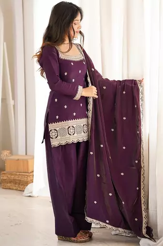 Purple roman silk dori zari embroidered Suit Set