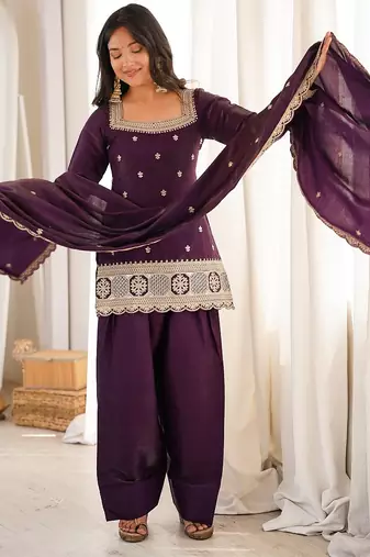 Purple roman silk dori zari embroidered Suit Set